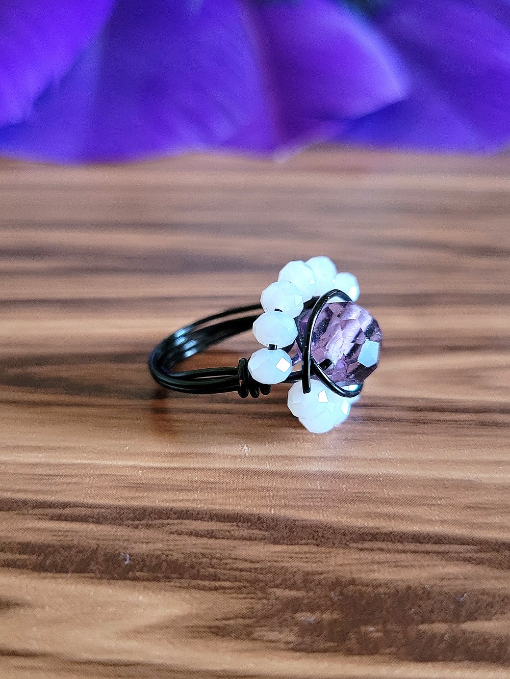 Image of Wire Wrapped Purple Beaded Halo Custom Ring