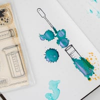Image 5 of "Ink Experiments" Scientific Test Tubes, Flasks, Spatters- 3"x4" Clear Stamp Set (8 stamp designs)