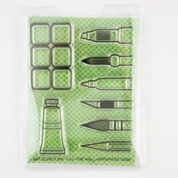 Image 1 of "Art Supply Bin" Pens, Brushes, Markers, Paint- 3"x4" Clear Stamp Set (8 stamp designs)