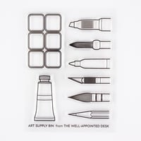 Image 2 of "Art Supply Bin" Pens, Brushes, Markers, Paint- 3"x4" Clear Stamp Set (8 stamp designs)