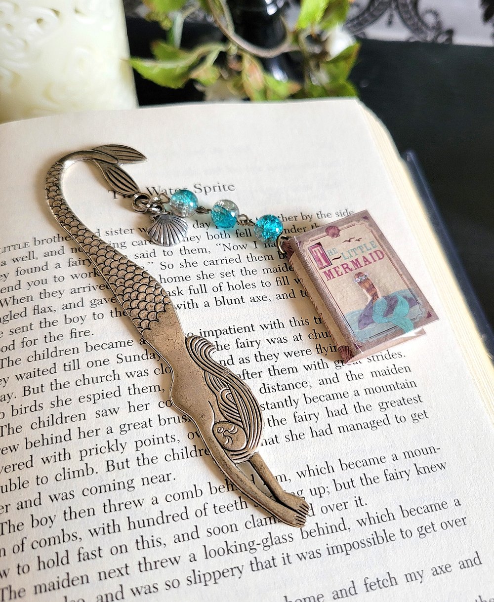 Image of Vintage Style Silver Metal Mermaid Bookmark with Miniature Book Charm