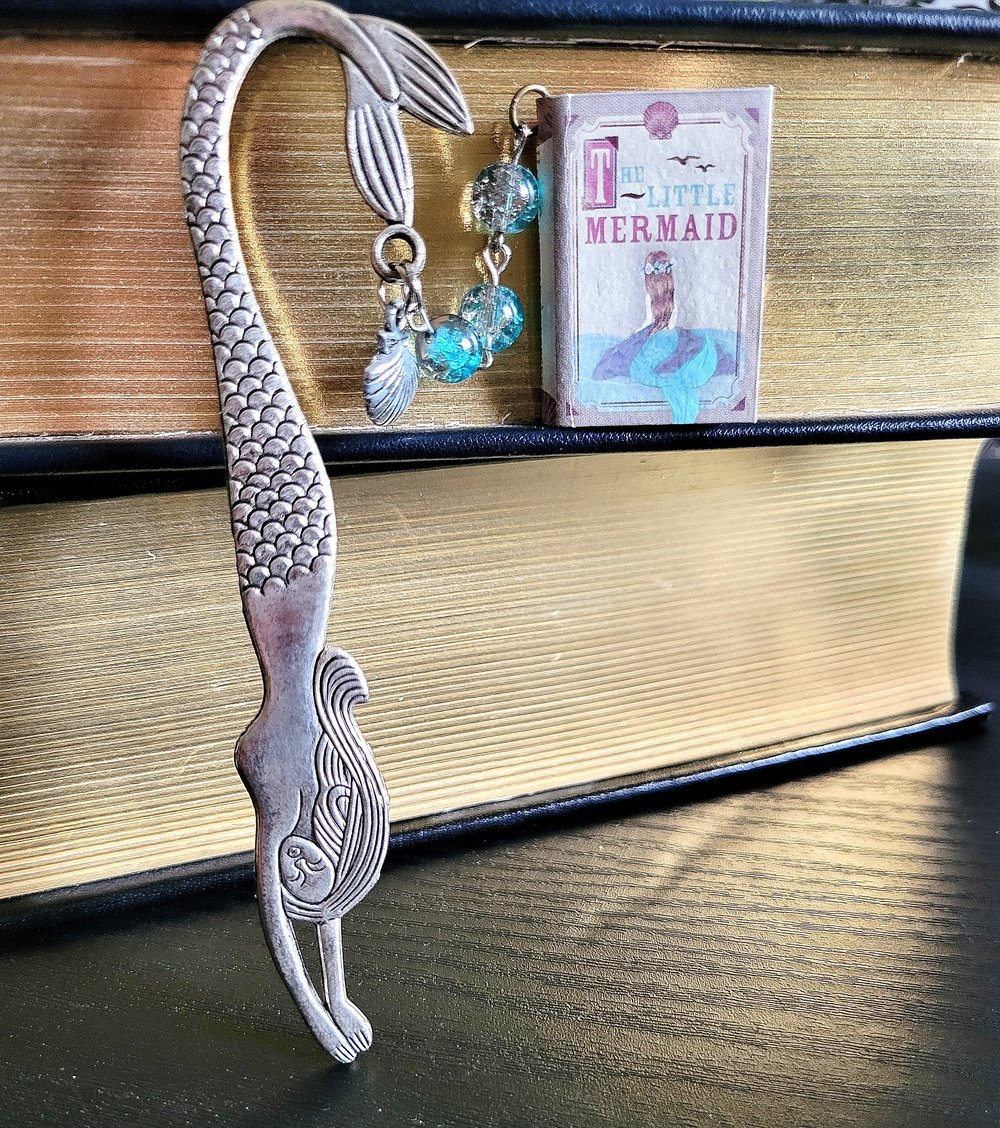 Image of Vintage Style Silver Metal Mermaid Bookmark with Miniature Book Charm
