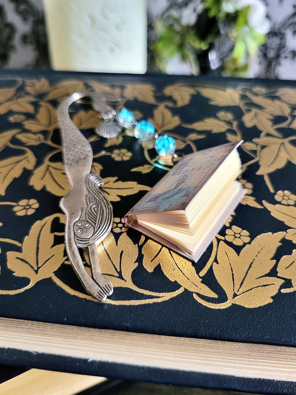 Image of Vintage Style Silver Metal Mermaid Bookmark with Miniature Book Charm