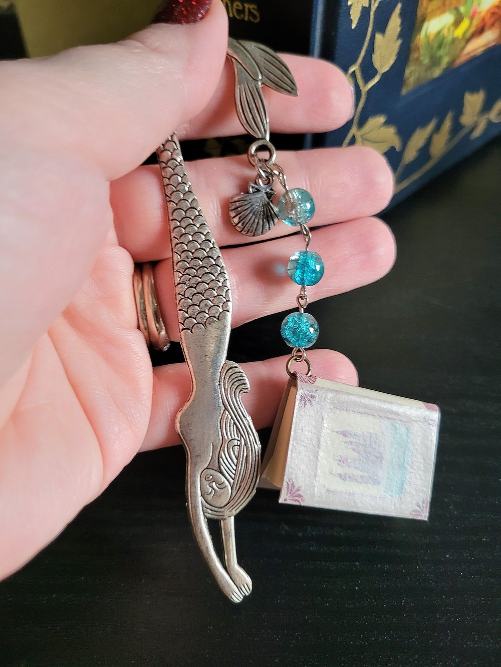 Image of Vintage Style Silver Metal Mermaid Bookmark with Miniature Book Charm