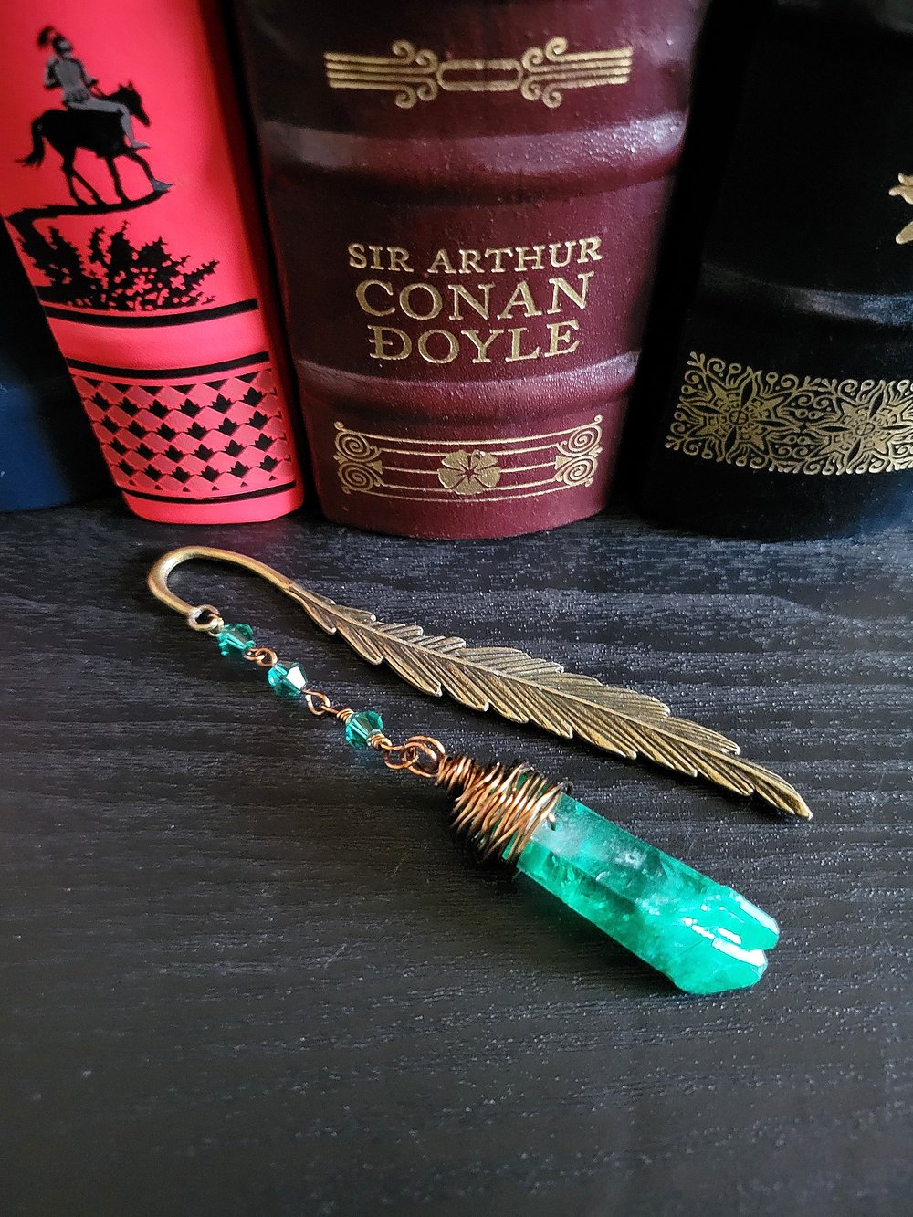 Image of Metal Feather Bookmark with Green Quartz Point