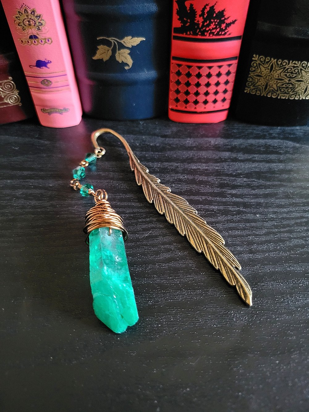 Image of Metal Feather Bookmark with Green Quartz Point
