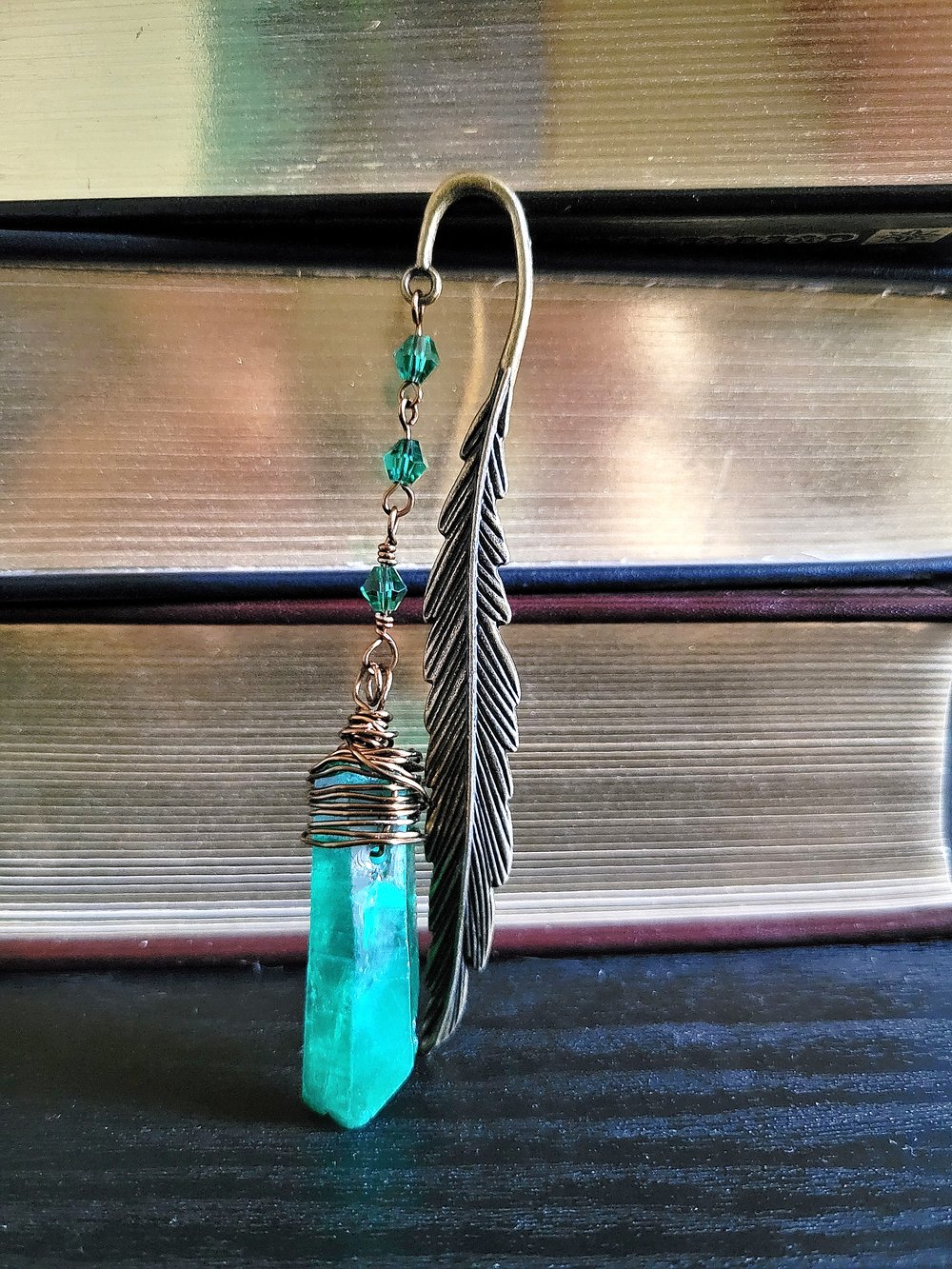 Image of Metal Feather Bookmark with Green Quartz Point