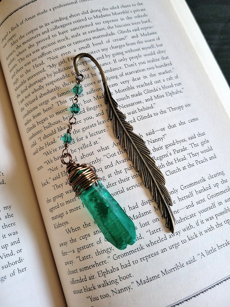 Image of Metal Feather Bookmark with Green Quartz Point