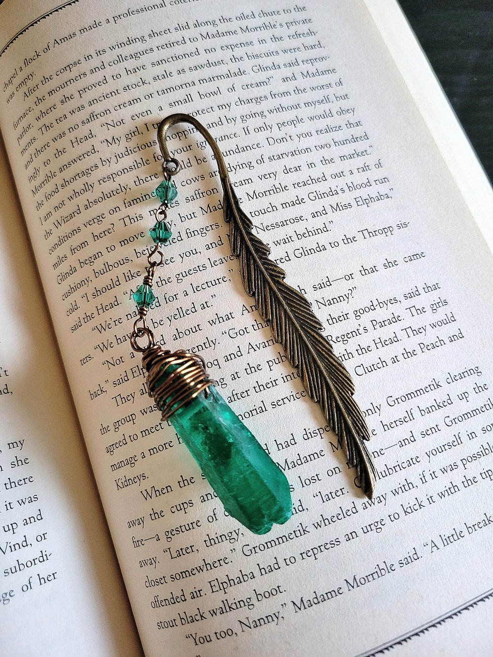 Image of Metal Feather Bookmark with Green Quartz Point