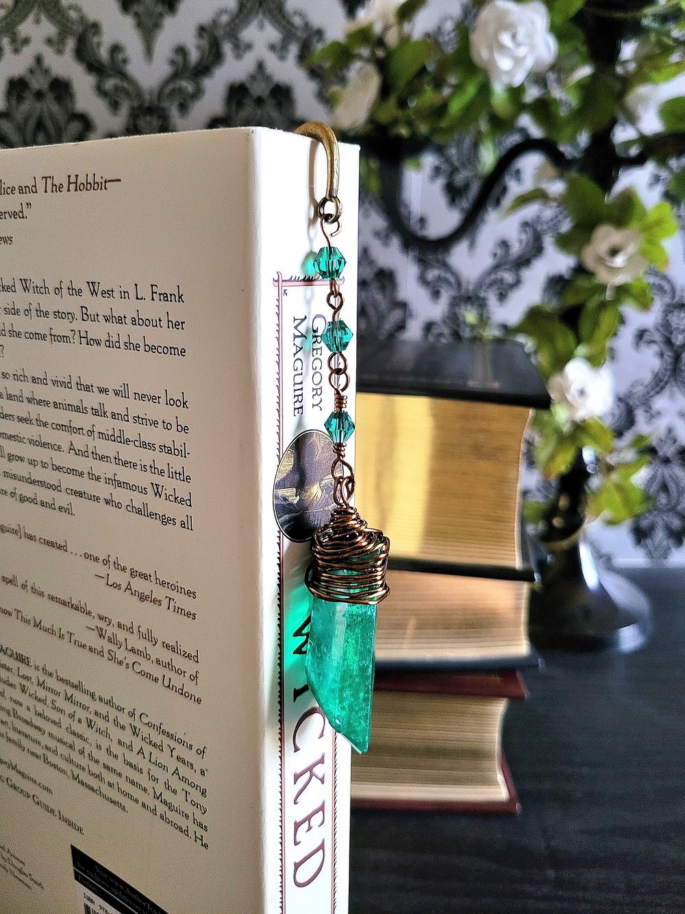 Image of Metal Feather Bookmark with Green Quartz Point