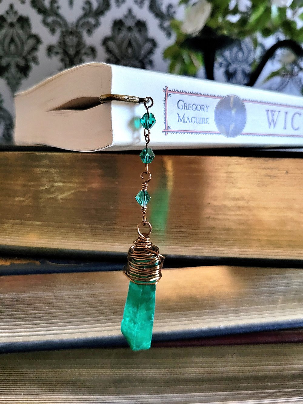 Image of Metal Feather Bookmark with Green Quartz Point