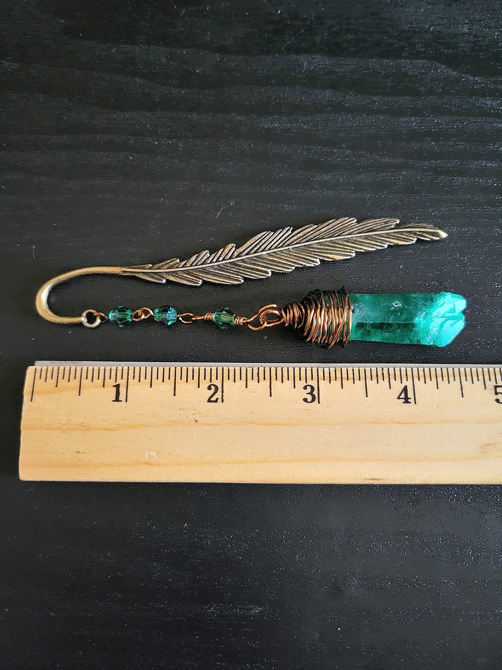 Image of Metal Feather Bookmark with Green Quartz Point