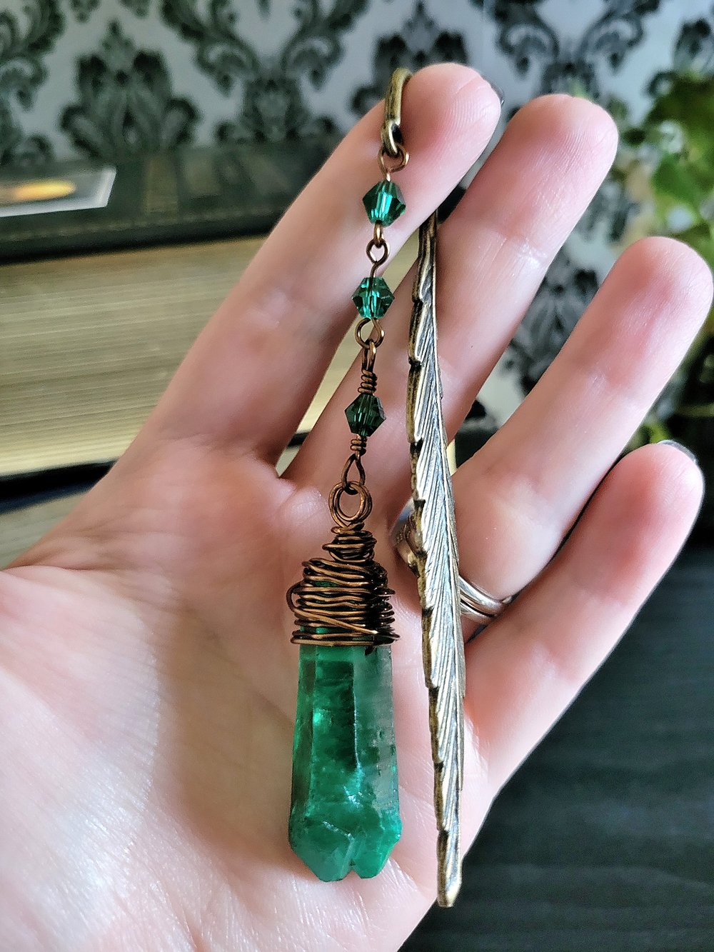 Image of Metal Feather Bookmark with Green Quartz Point