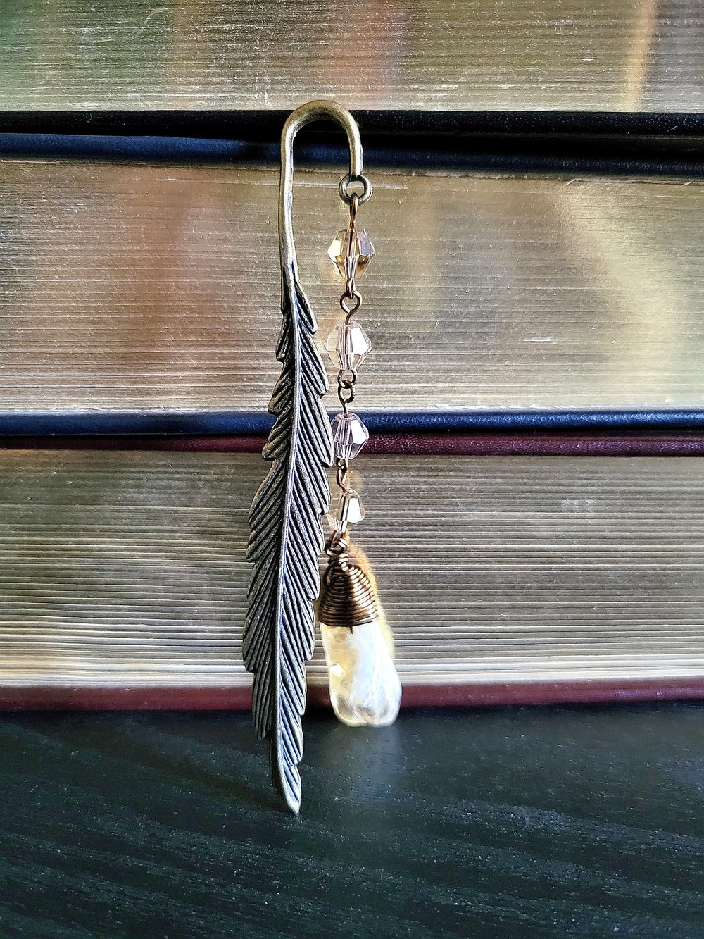 Image of Metal Feather Beaded Citrine Bookmark