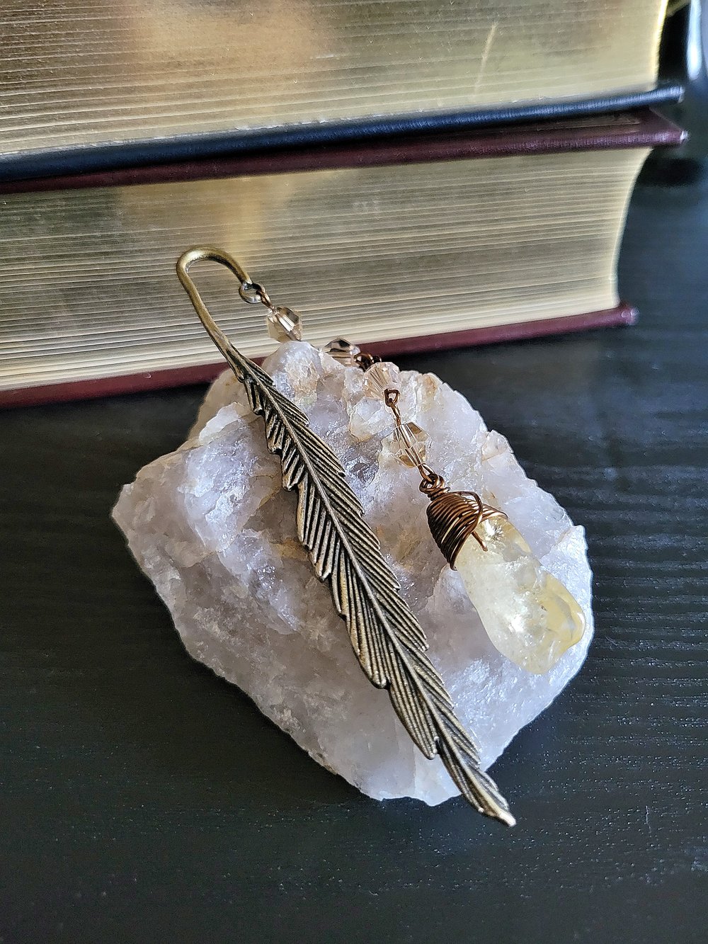 Image of Metal Feather Beaded Citrine Bookmark