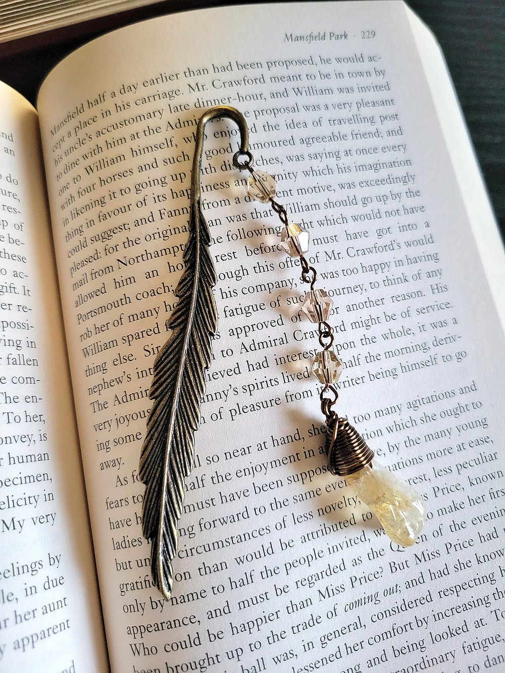 Image of Metal Feather Beaded Citrine Bookmark