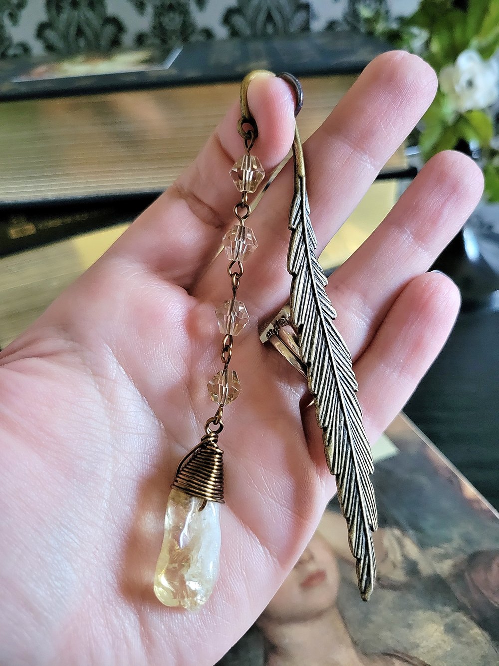 Image of Metal Feather Beaded Citrine Bookmark