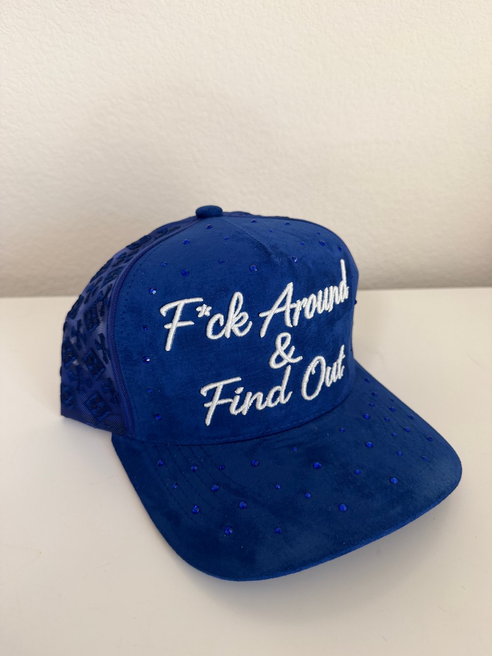 Image of F*ck Around & Find Out Custom Gem Snapback blue hat