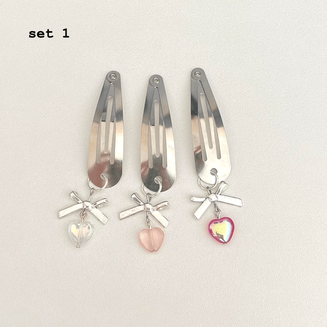bow & glass heart hair clips (set of three)