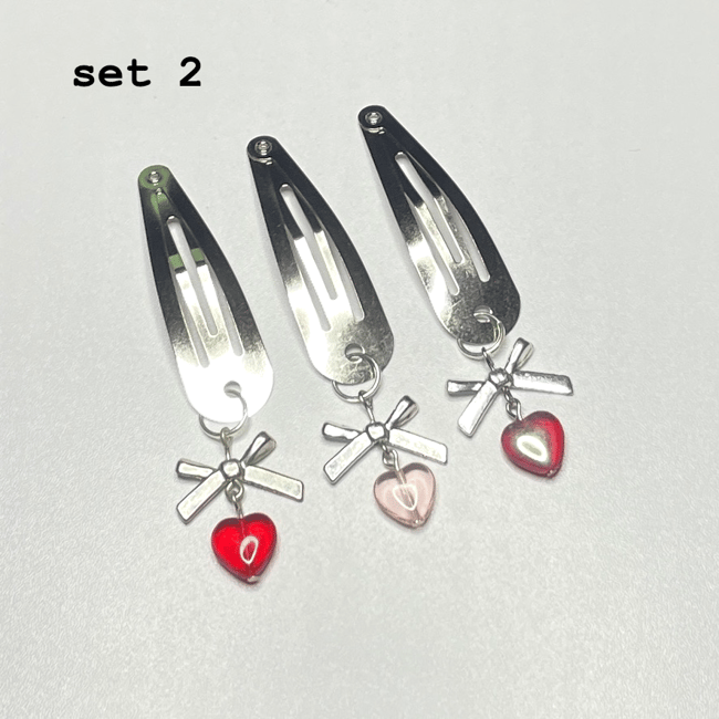 bow & glass heart hair clips (set of three)