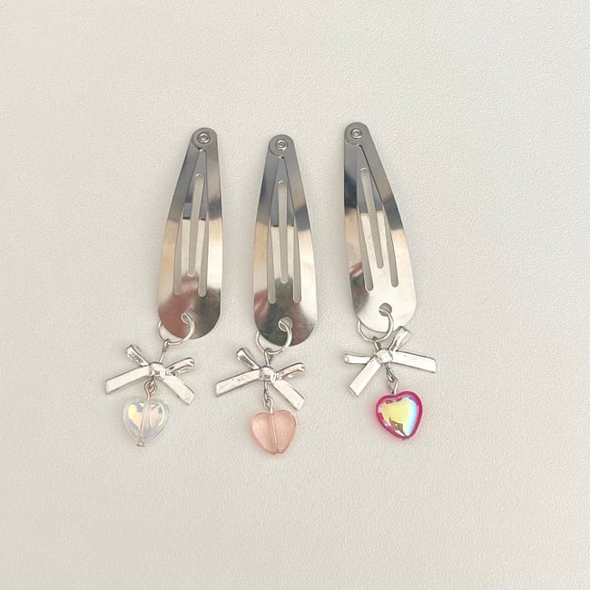 bow & glass heart hair clips (set of three)