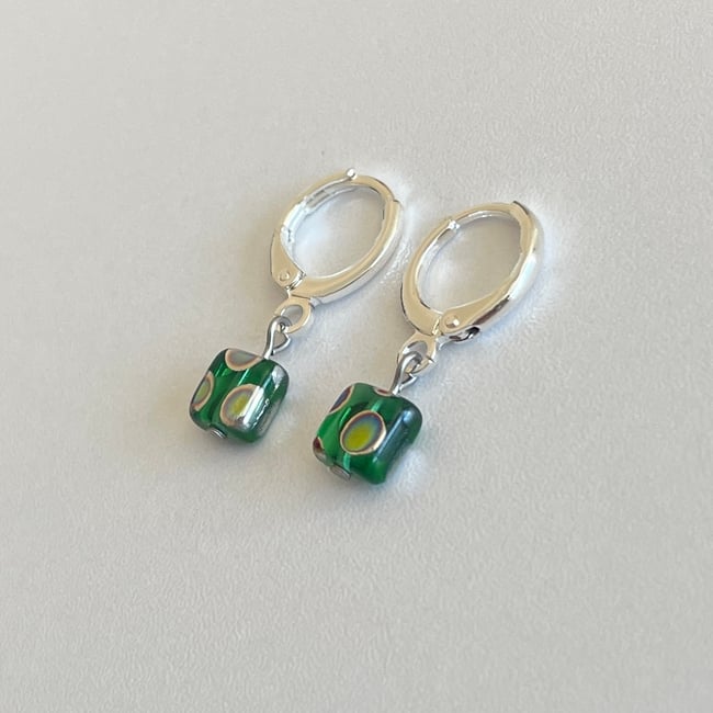 spotted green square earrings