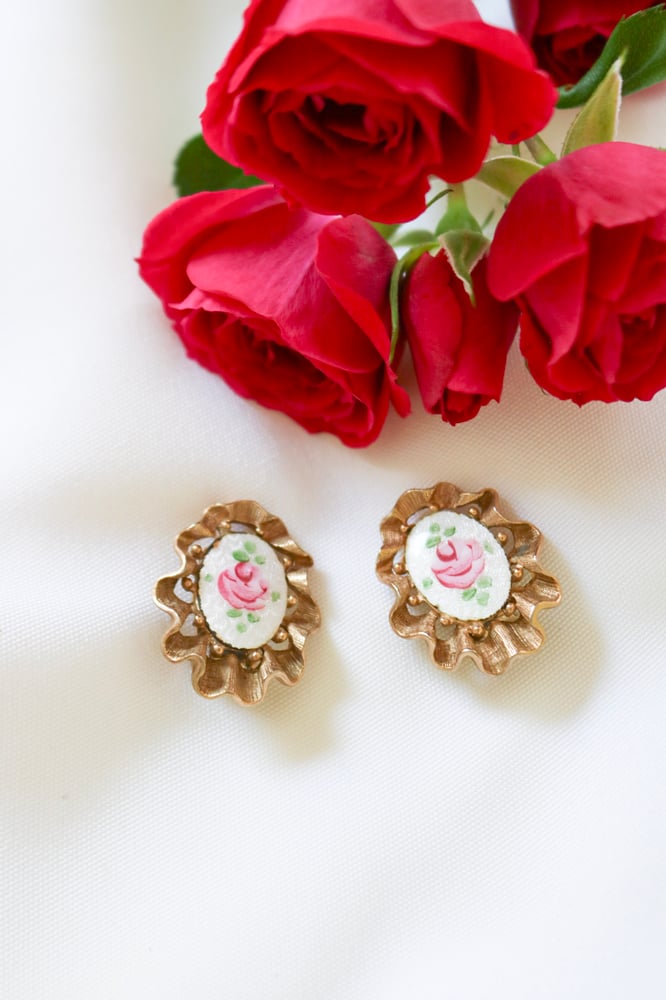 Image of Vintage Guilloche Pink Rose Floral Clip On Earrings with Gold Frame