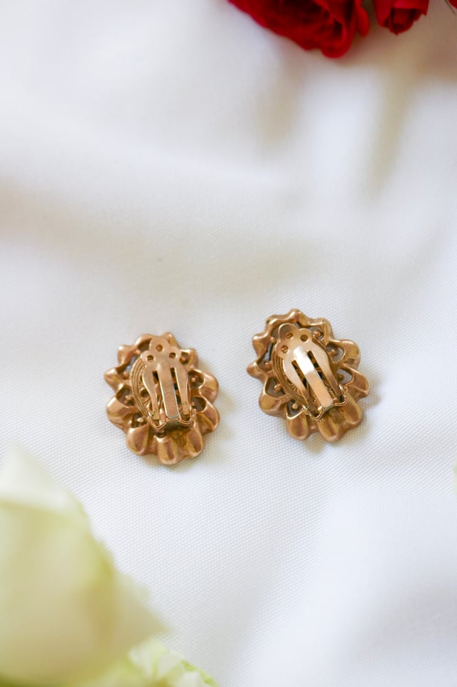 Image of Vintage Guilloche Pink Rose Floral Clip On Earrings with Gold Frame