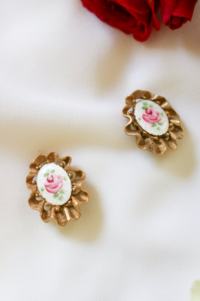 Image of Vintage Guilloche Pink Rose Floral Clip On Earrings with Gold Frame