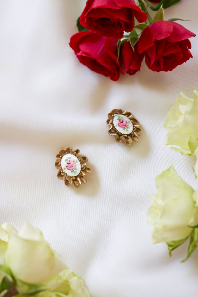 Image of Vintage Guilloche Pink Rose Floral Clip On Earrings with Gold Frame
