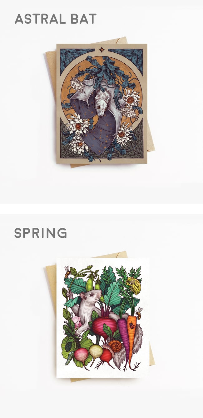 Greeting Cards - Astral Bat,Spring, World Peas, Harvest, Onward Ever Upward, Baby it's Toad Ou