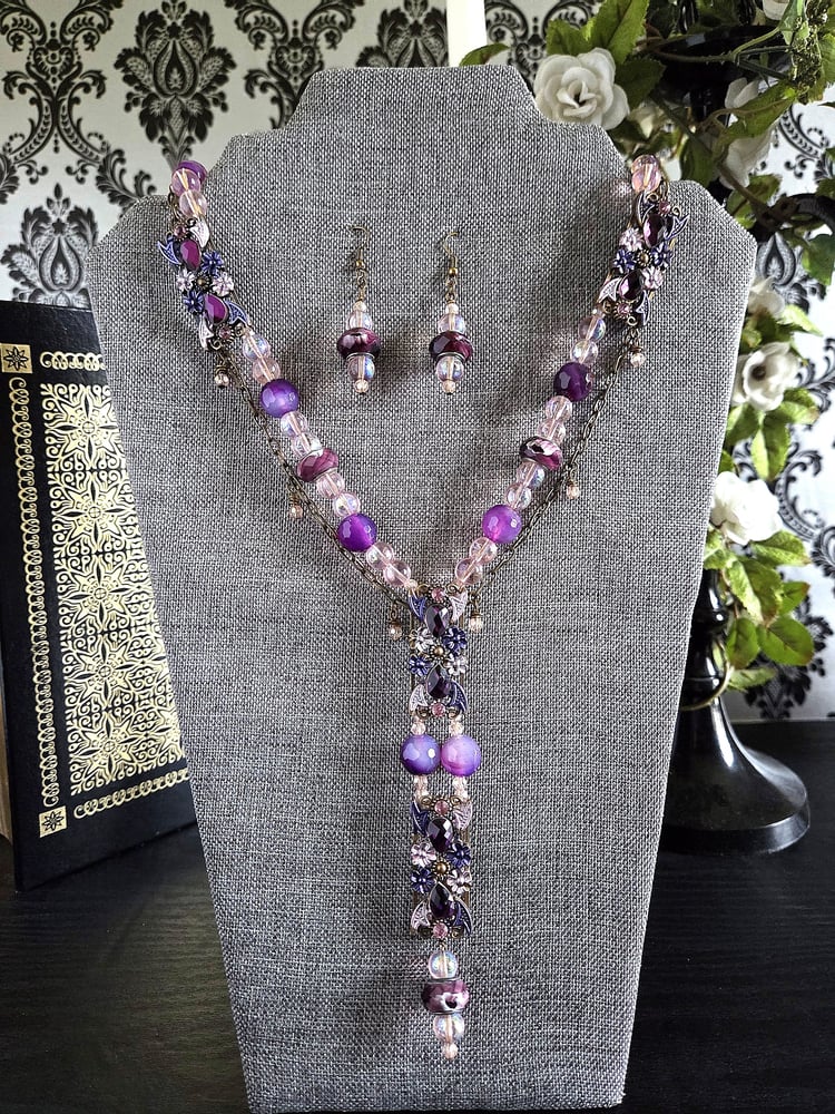 Image of Whimsical Pink & Purple Y-Necklace and Earrings Set-One of a Kind