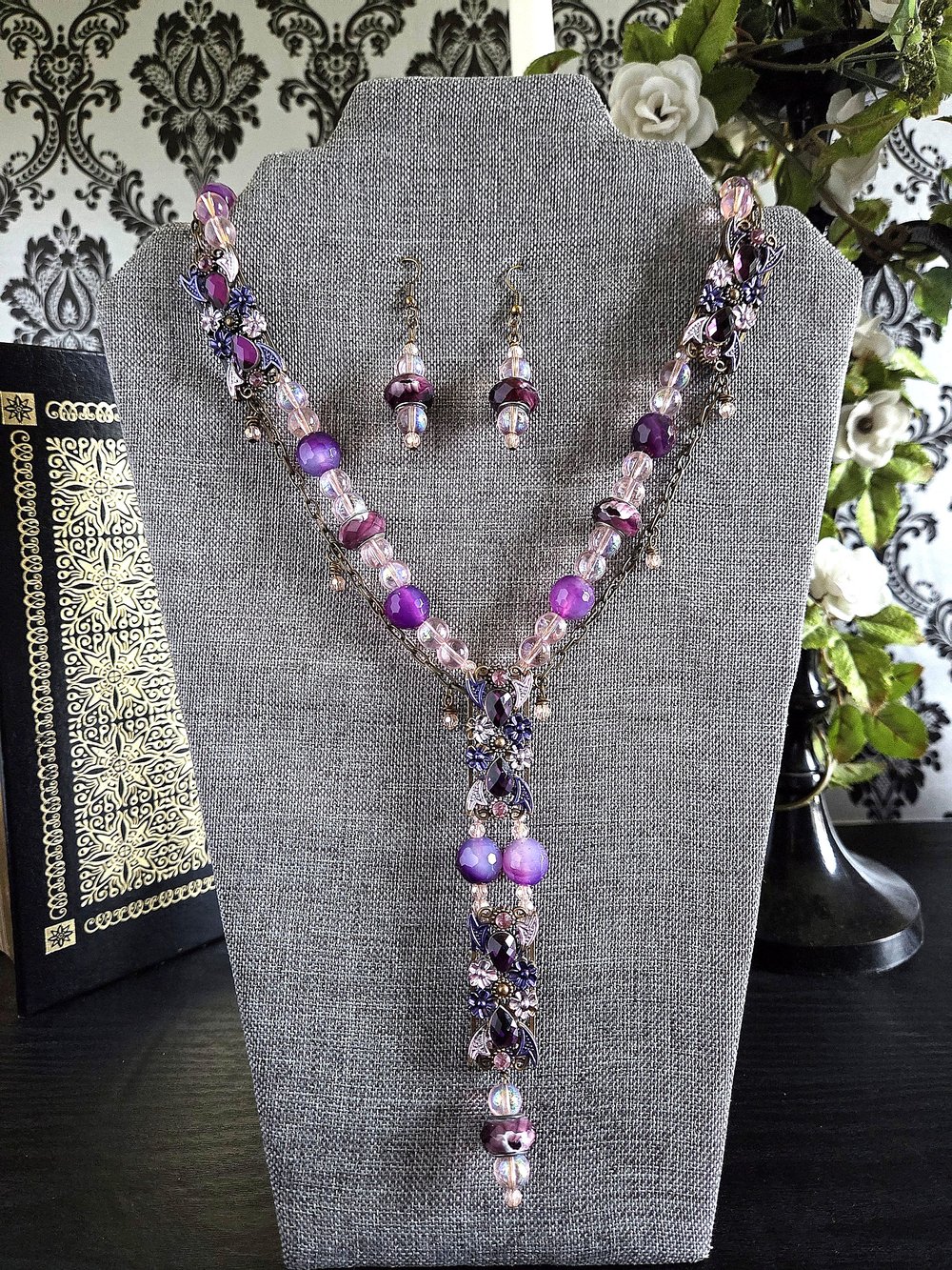 Image of Whimsical Pink & Purple Y-Necklace and Earrings Set-One of a Kind