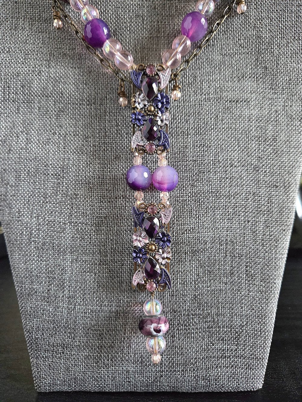 Image of Whimsical Pink & Purple Y-Necklace and Earrings Set-One of a Kind