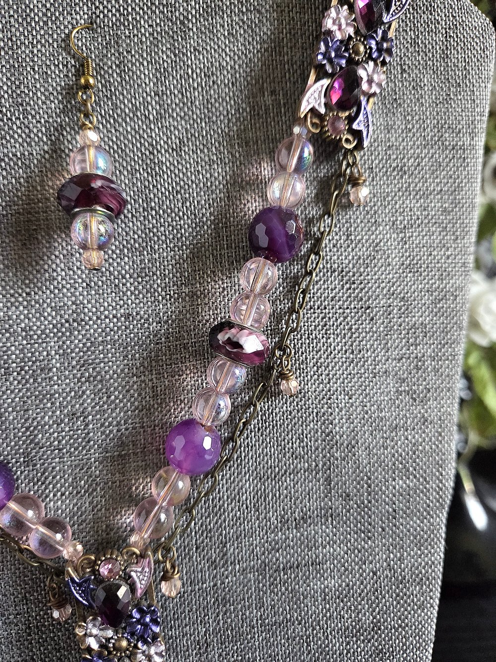 Image of Whimsical Pink & Purple Y-Necklace and Earrings Set-One of a Kind