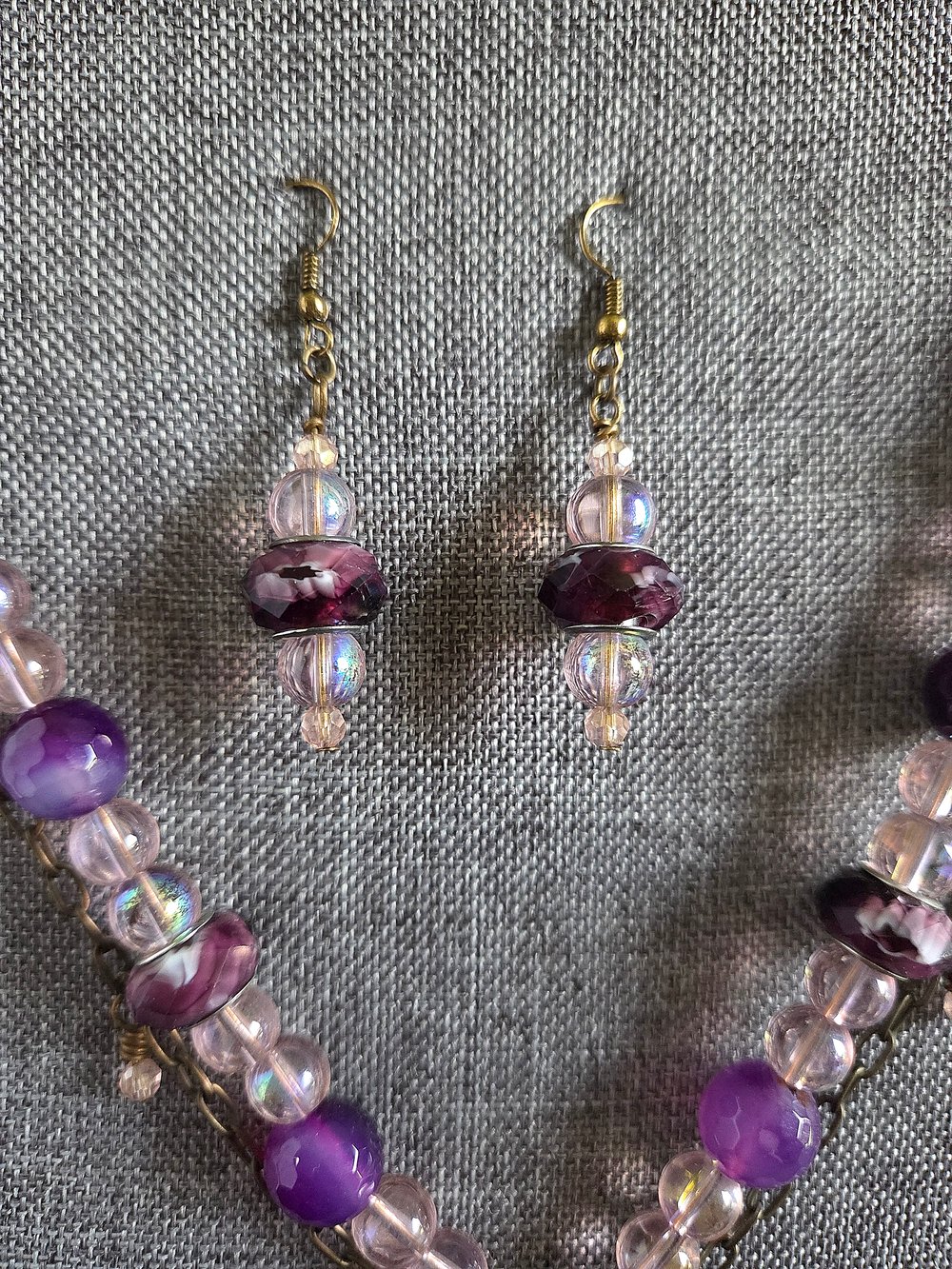 Image of Whimsical Pink & Purple Y-Necklace and Earrings Set-One of a Kind
