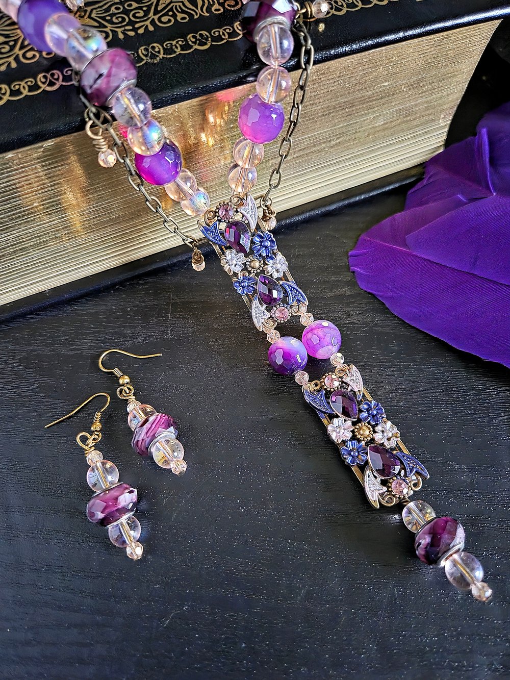 Image of Whimsical Pink & Purple Y-Necklace and Earrings Set-One of a Kind