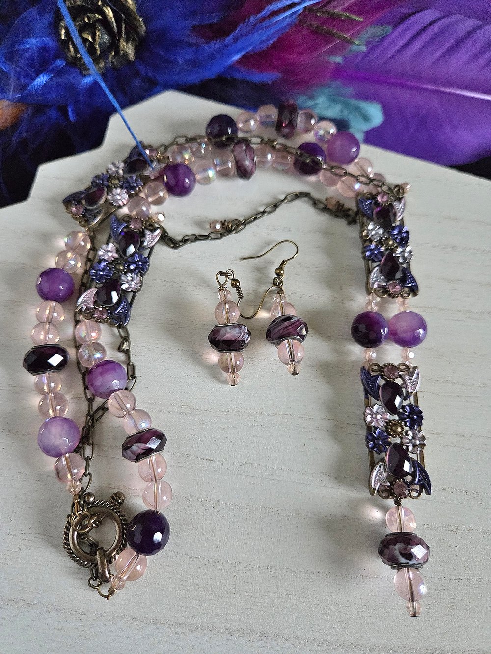 Image of Whimsical Pink & Purple Y-Necklace and Earrings Set-One of a Kind