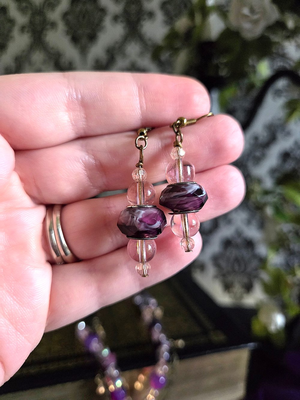 Image of Whimsical Pink & Purple Y-Necklace and Earrings Set-One of a Kind