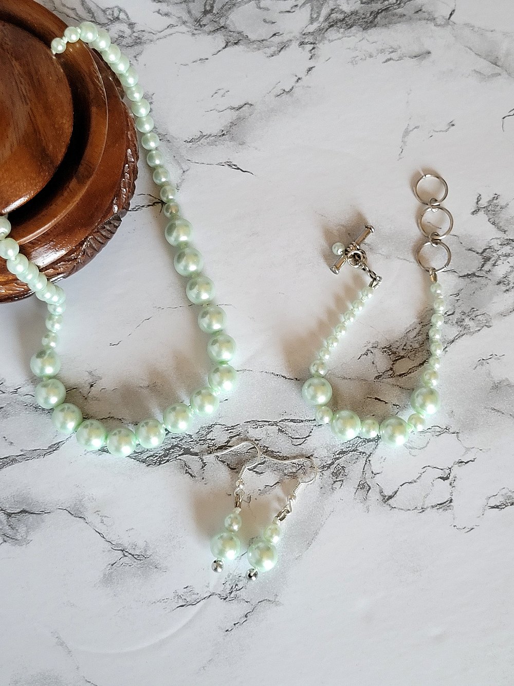 Image of Hand-Knotted Mint Green Pearls Jewelry Set