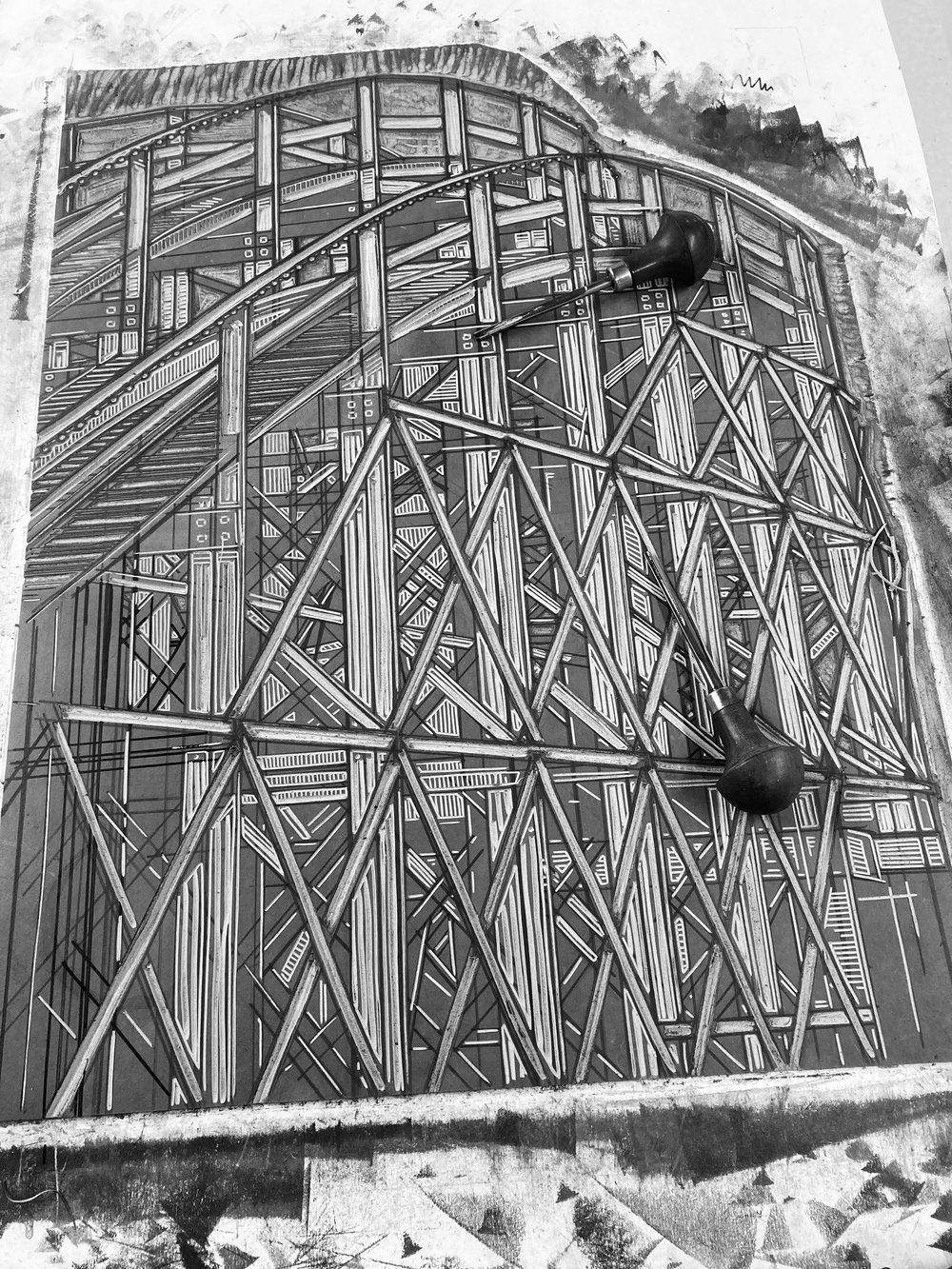 Scenic Railway four colour linocut print - portrait