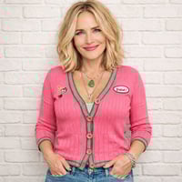 Image 1 of Women's Silk Blnd Retro Style Cardigan, One of one , Pink signature sweater w/green trim 