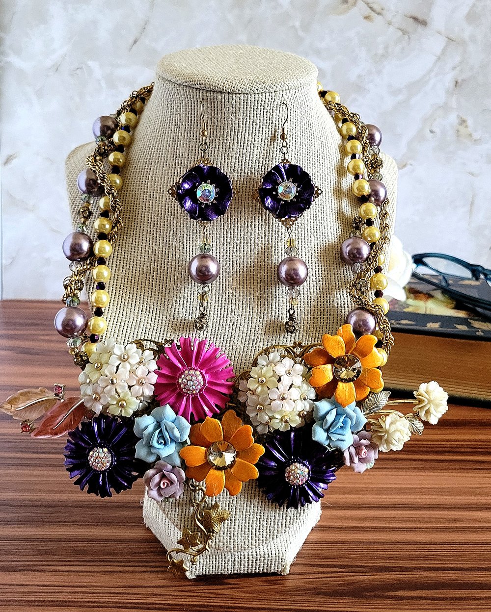 Image of Flower Garden Upcycled Statement Necklace and Earrings Set