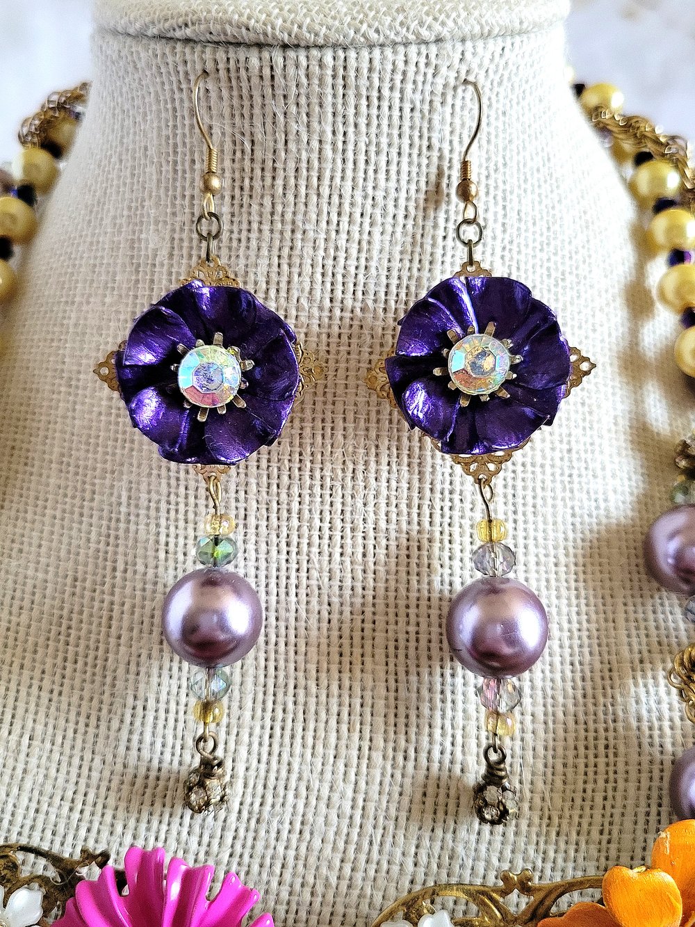 Image of Flower Garden Upcycled Statement Necklace and Earrings Set