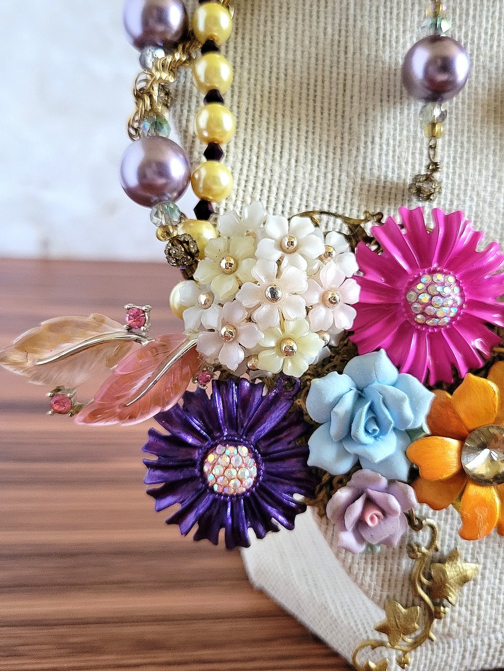 Image of Flower Garden Upcycled Statement Necklace and Earrings Set