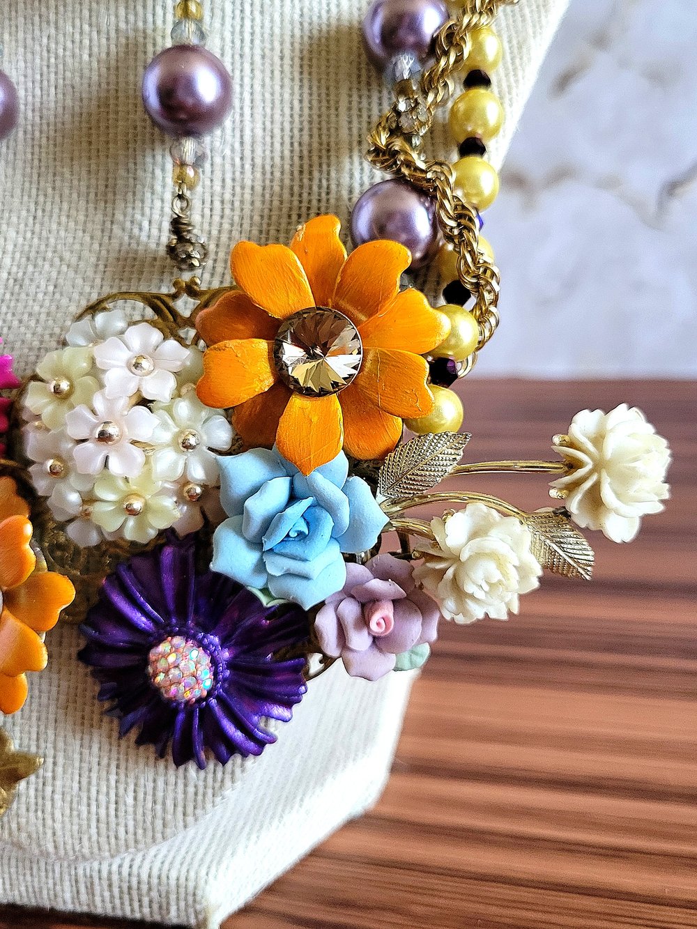 Image of Flower Garden Upcycled Statement Necklace and Earrings Set