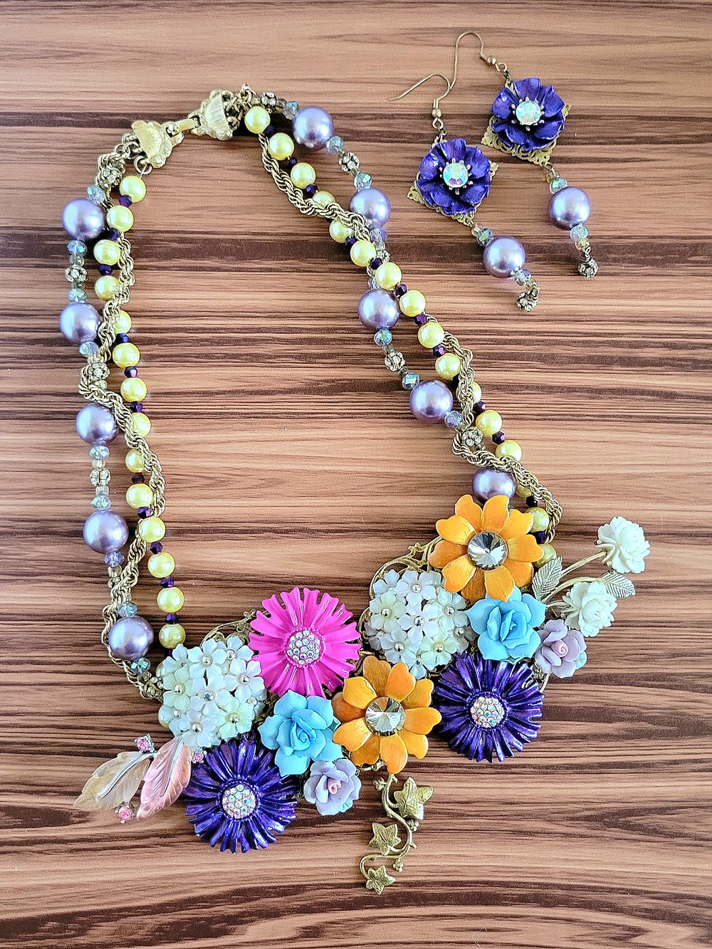 Image of Flower Garden Upcycled Statement Necklace and Earrings Set