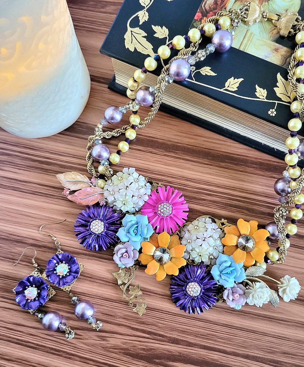 Image of Flower Garden Upcycled Statement Necklace and Earrings Set