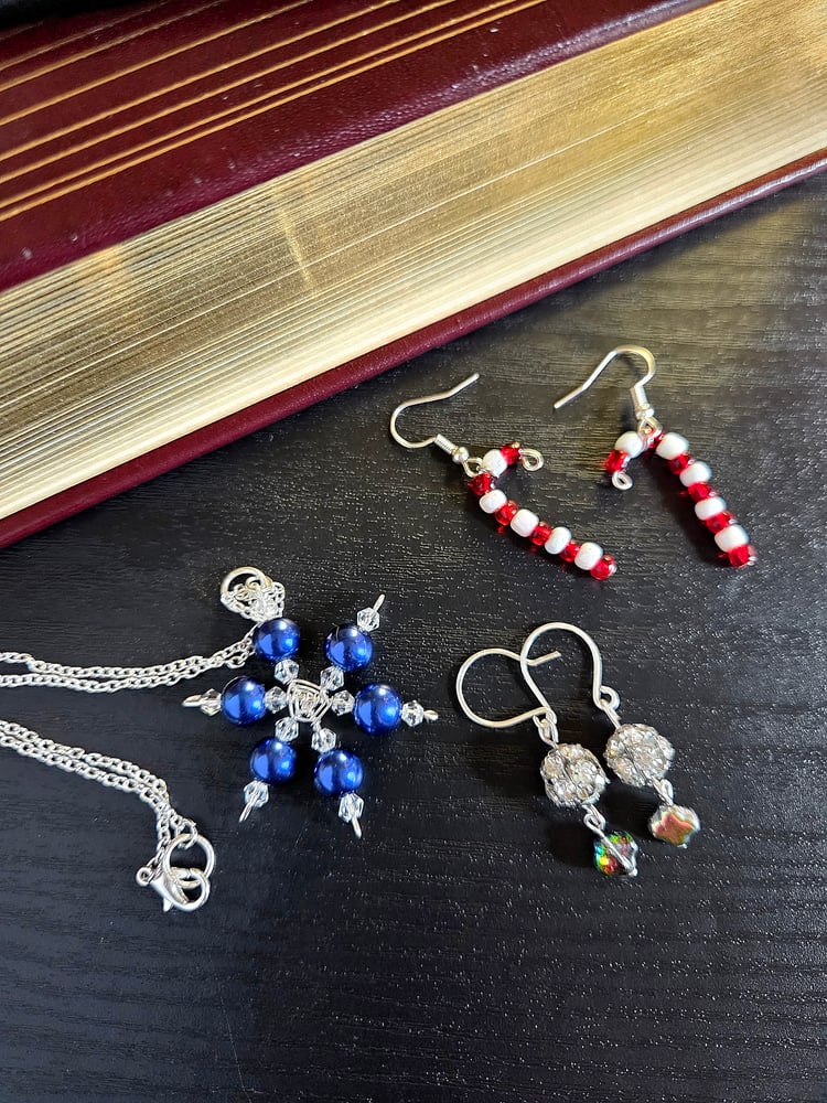 Image of Christmas Jewelry Gift Set – Silver Snowflake Necklace, Candy Cane Earrings & Disco Ball Earrings