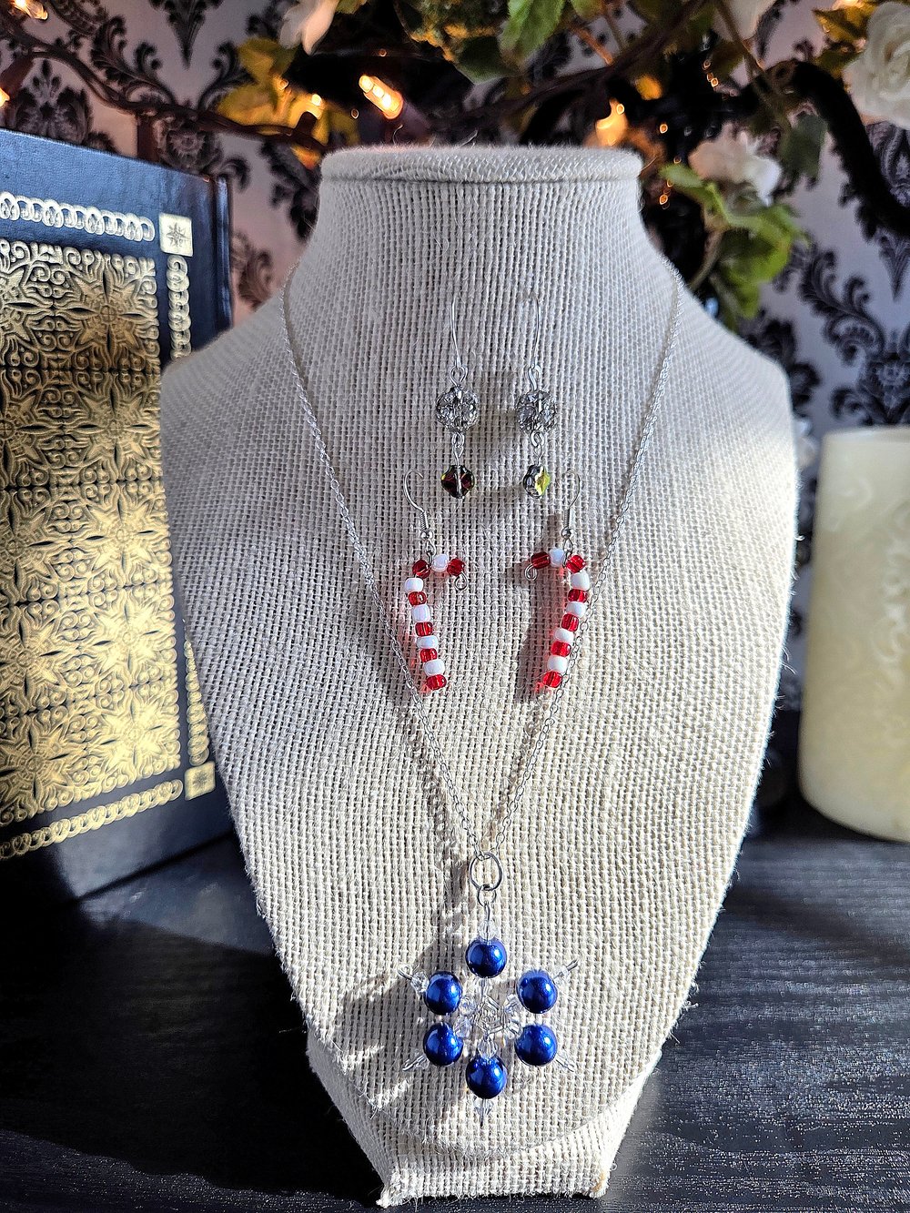 Image of Christmas Jewelry Gift Set – Silver Snowflake Necklace, Candy Cane Earrings & Disco Ball Earrings